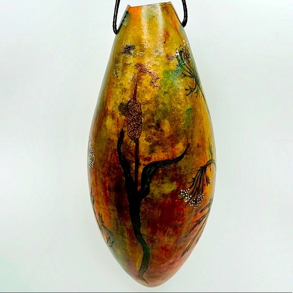 “ Hanging Cattails & Lace ” Original Gourd Art Vase / Vessel by Kristina Simkins - Picture 4 of 10